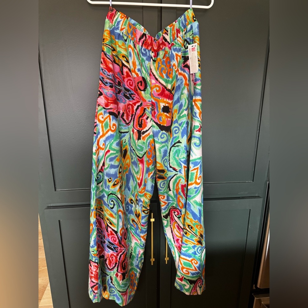 Caleooa Abstract Print Wide Leg Pants NWT Size L | Colorful Resort Palazzo Pant - Picture 2 of 7
